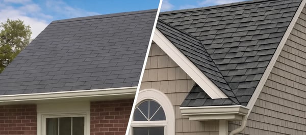 Side-by-side comparison of 3-tab shingles and architectural asphalt shingles