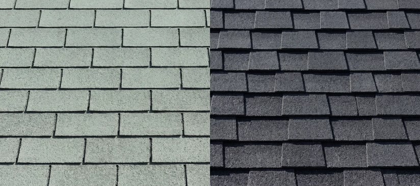 Side-by-side comparison of 3-tab shingles and architectural asphalt shingles
