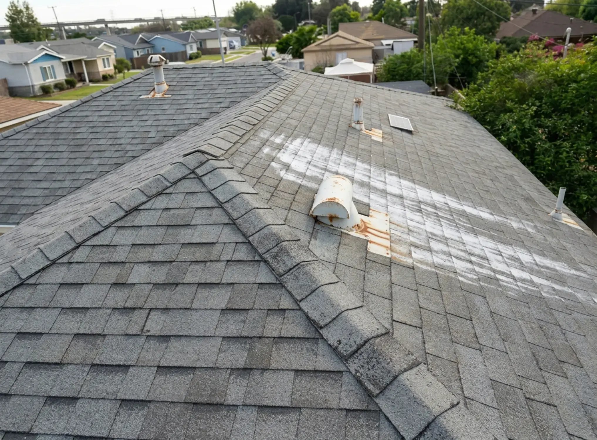 Aged asphalt shingles with worn vents and granule loss before residential roof replacement on a single-family home