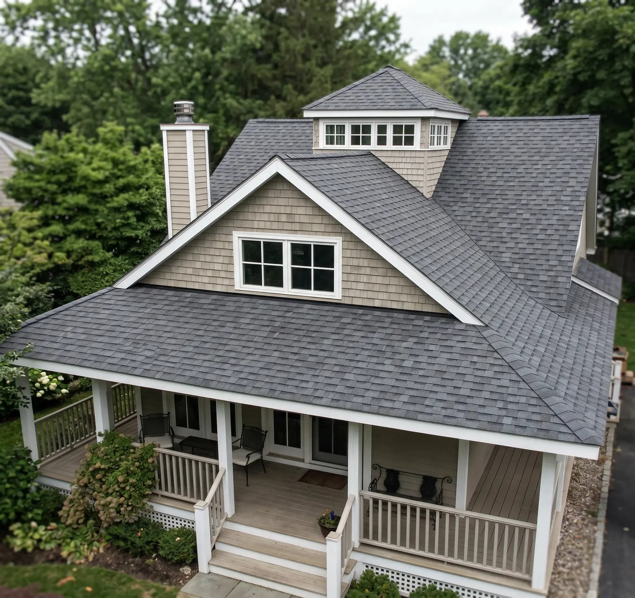 Gray architectural asphalt shingle roof on a two-story home with a dormer, chimney, and covered porch — Hybrid Renovations