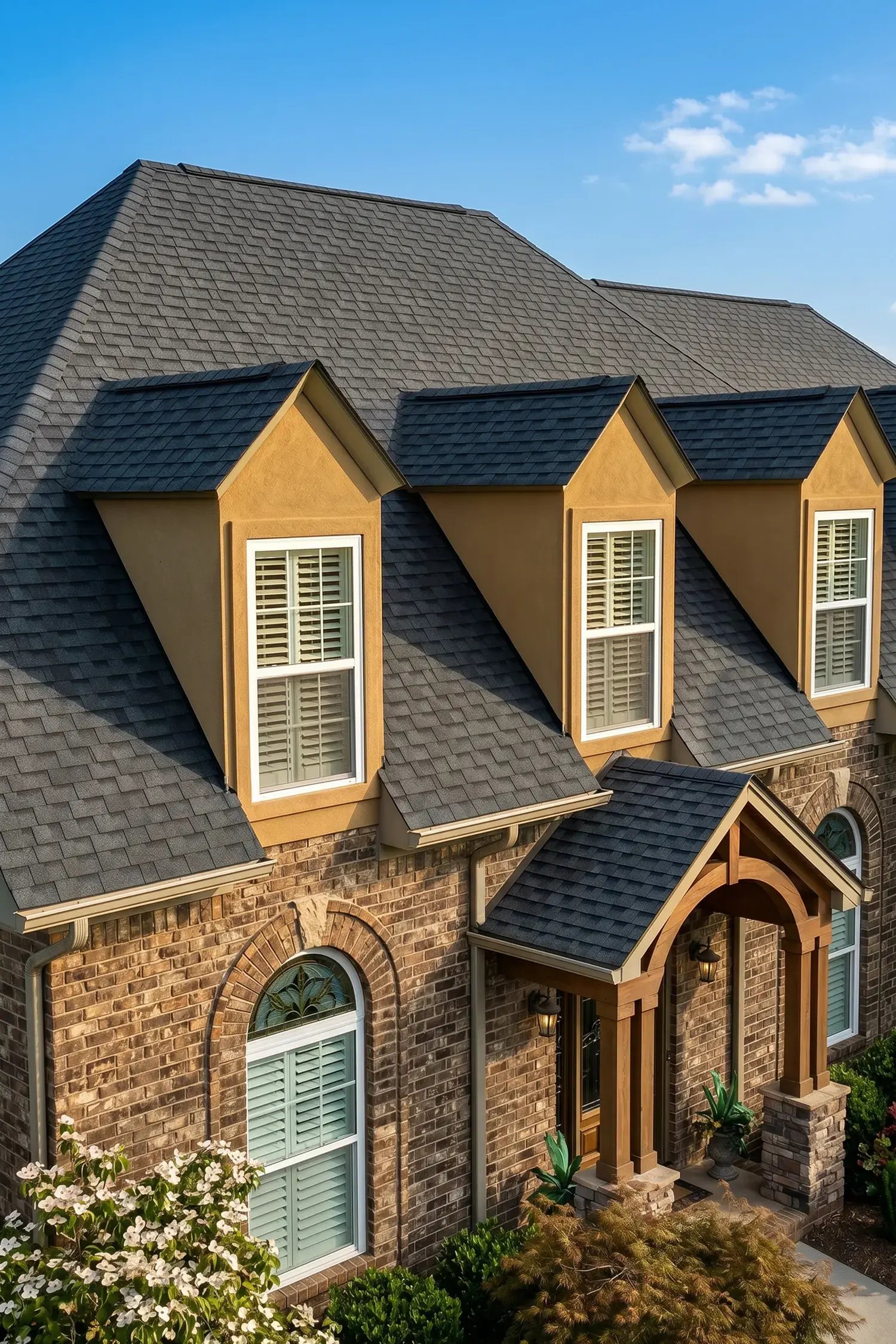 Charcoal asphalt shingle roof with dormers on a two-story brick home — Hybrid Renovations roofing contractor