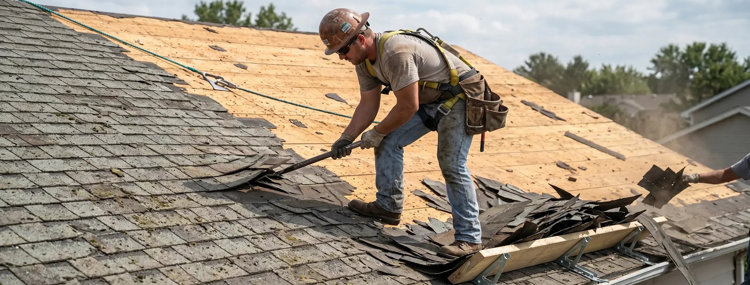 Roofer tearing off old asphalt shingles down to the bare wood deck — Hybrid Renovations roofing contractor
