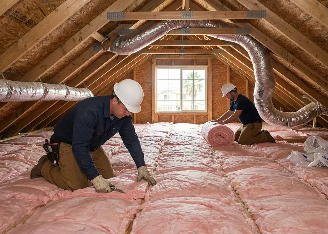 Workers laying pink fiberglass batt insulation between attic joists beside flex ductwork, Hybrid Renovations