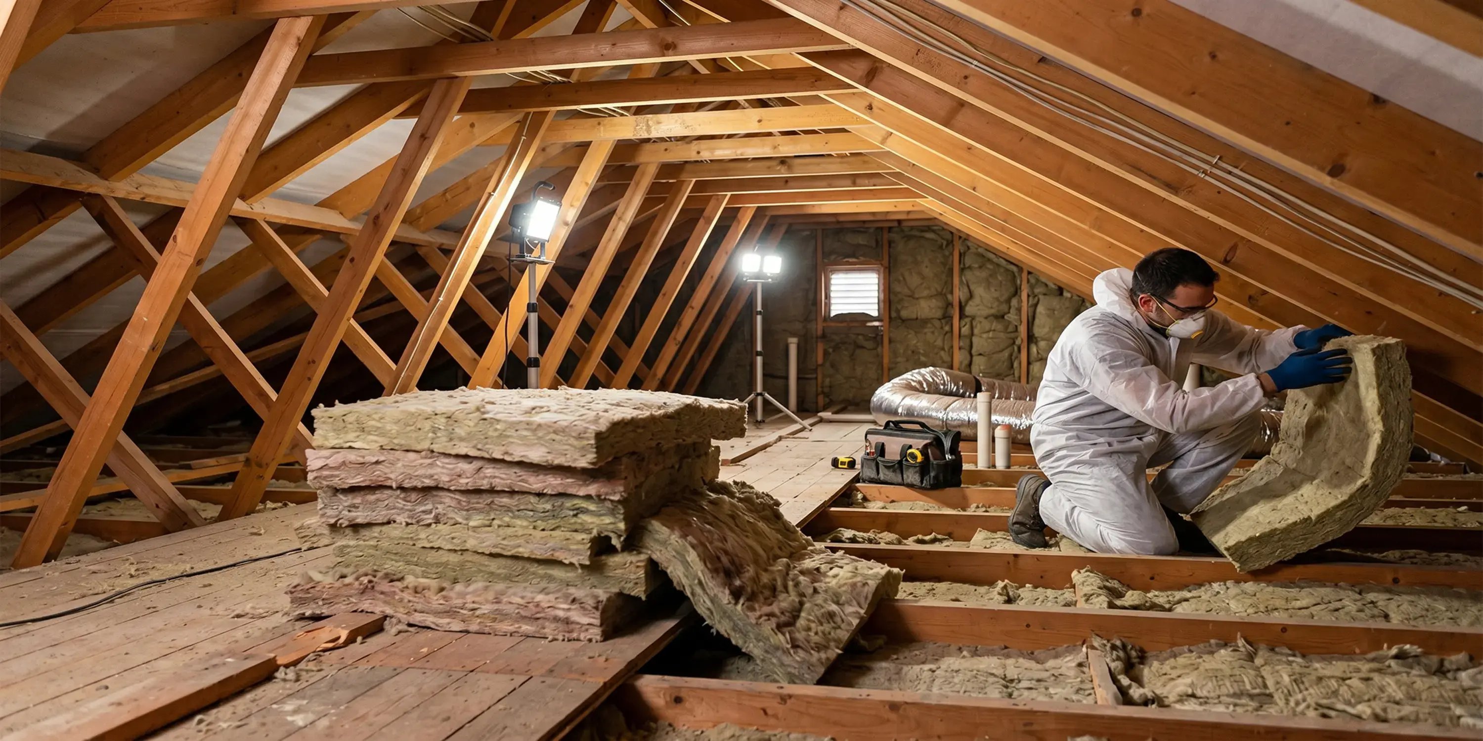 Installer in a protective suit placing insulation batts between attic rafters during residential attic insulation