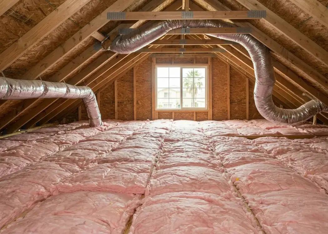 Pink fiberglass batt insulation laid across an attic floor with flex ductwork after attic insulation work