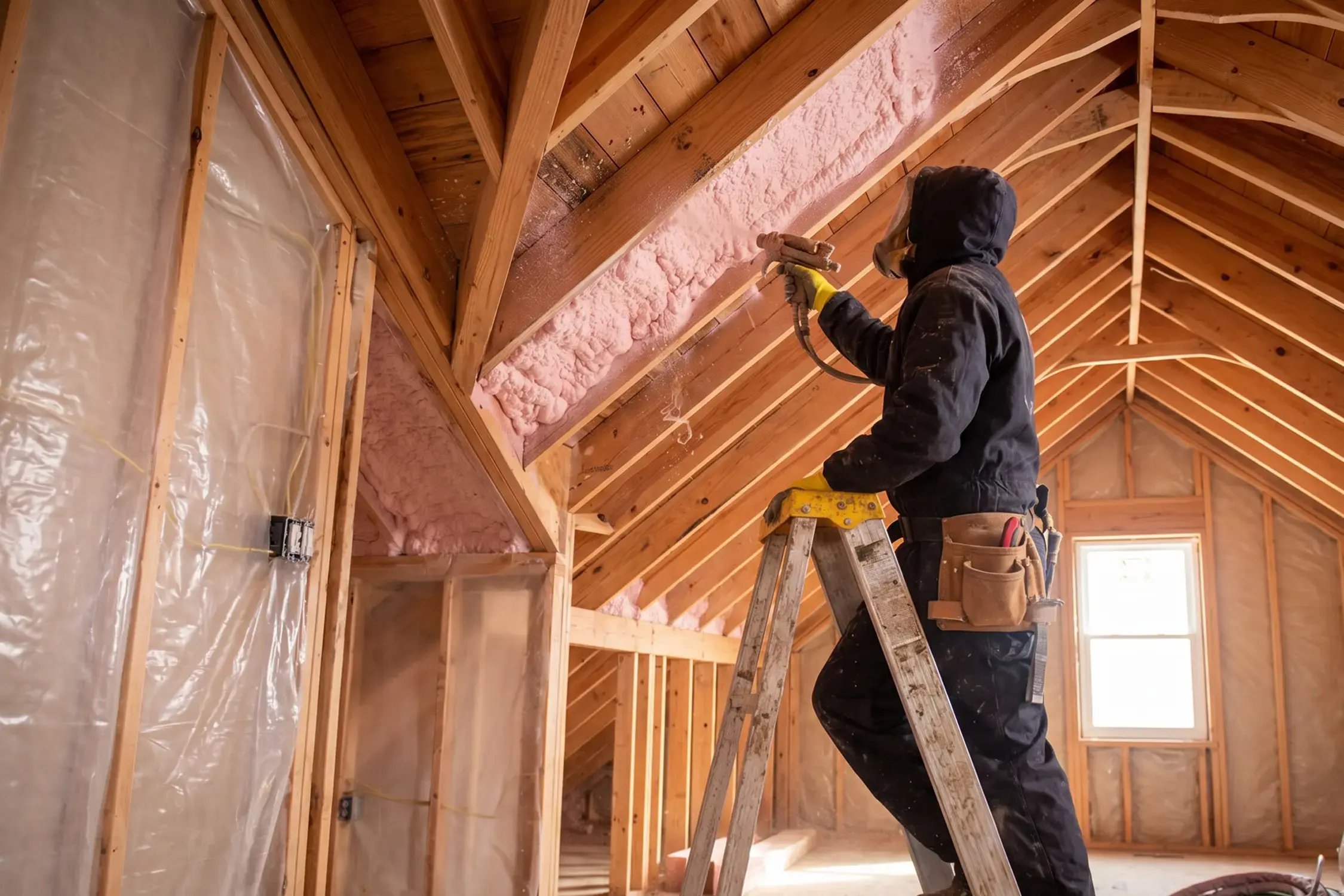 Worker in a respirator spraying pink insulation between attic rafters during residential attic insulation