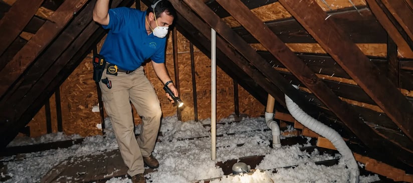 Roofing professional inspecting an attic for roof damage and insulation issues