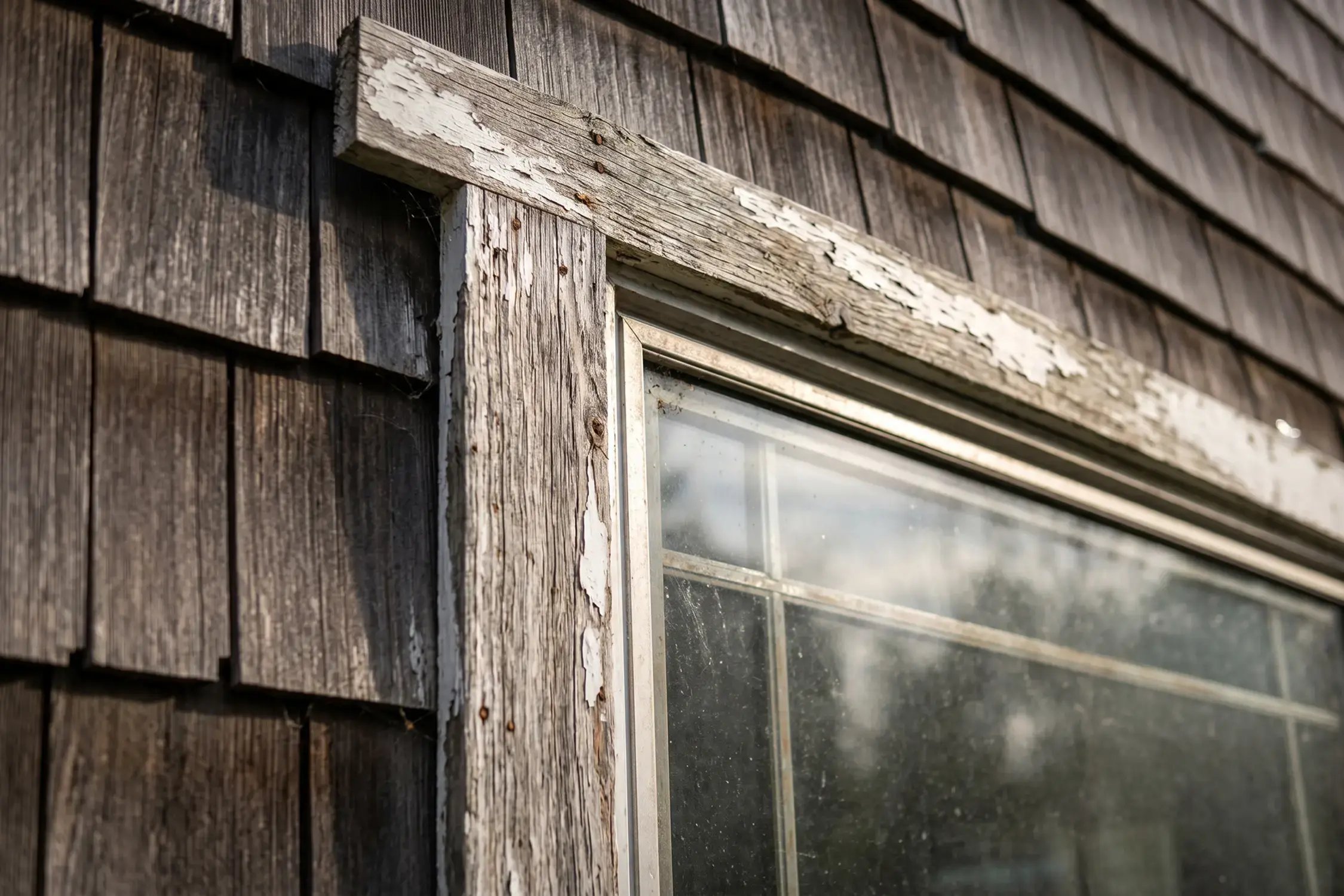 Peeling paint and raw, graying wood on weathered window trim beside cedar shake siding