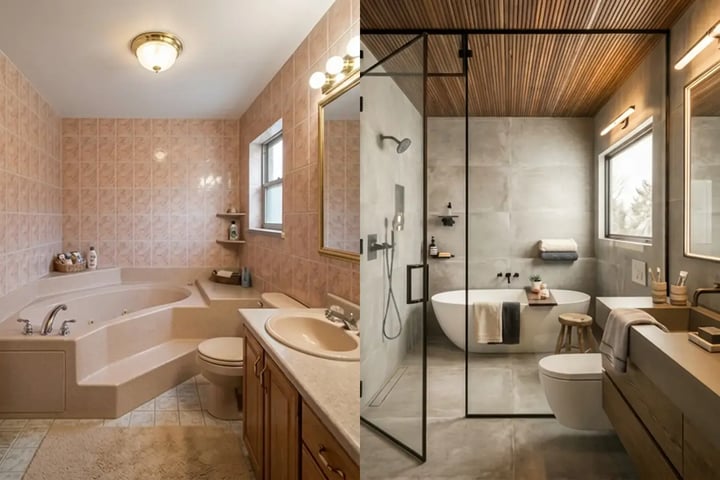 Pink tiled corner tub before and large format tile with a freestanding tub after — Hybrid Renovations