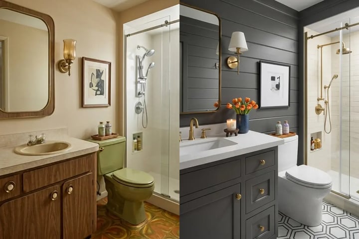 Dated vanity and avocado toilet before, new gray vanity and hex tile floor after a full bathroom replacement