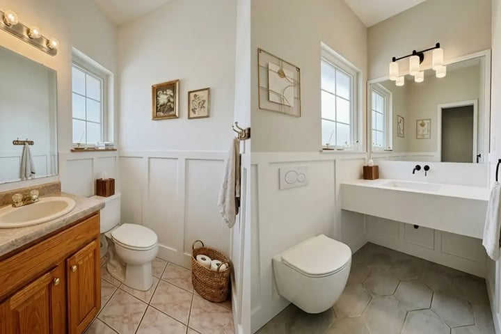 Oak vanity and floor-mounted toilet before, floating vanity and wall-hung toilet after a bathroom layout change