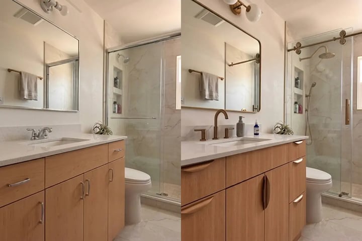 Chrome fixtures before and bronze fixtures with a new framed mirror after a bathroom refresh — Hybrid Renovations