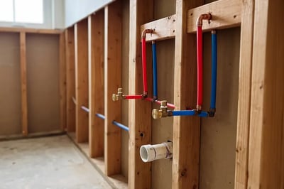 Red and blue PEX supply lines and brass shutoff valves in stud wall during bathroom remodel rough-in