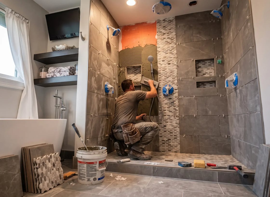 Tile setter spreading thinset and setting large-format shower tile with leveling clips during a bathroom remodel