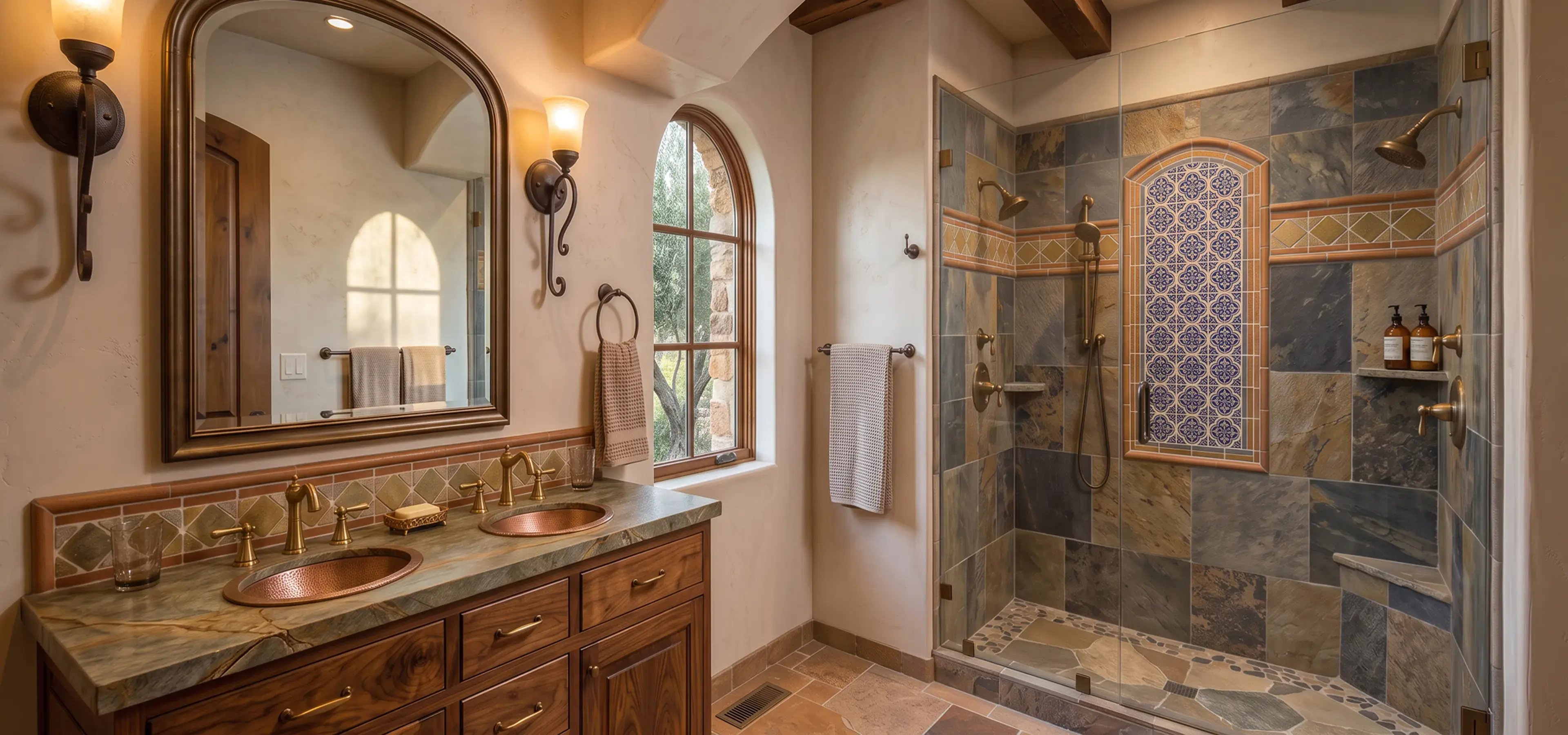 Slate tile shower with a decorative tile inset and hammered copper sinks after a bathroom remodel