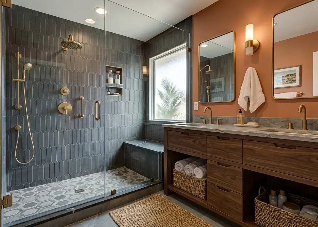 Finished bathroom remodel with a glass walk-in shower, dark picket tile, and a dual walnut vanity with gold fixtures