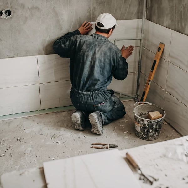 Tile setter installing large format wall tile with spacers and a level during a bathroom remodel