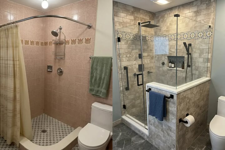 Pink tile shower with a curtain before and a rebuilt tiled shower with a glass door and knee wall after