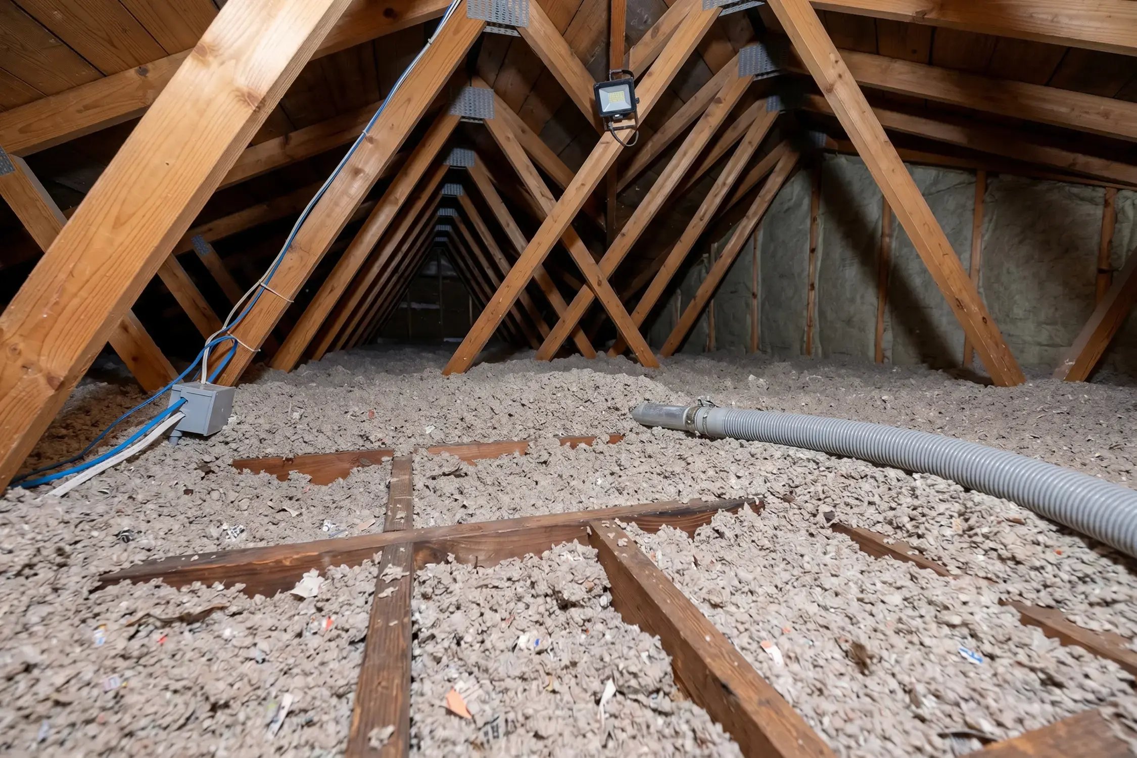 Blown-in cellulose attic insulation installed across attic floor joists with insulation hose visible.