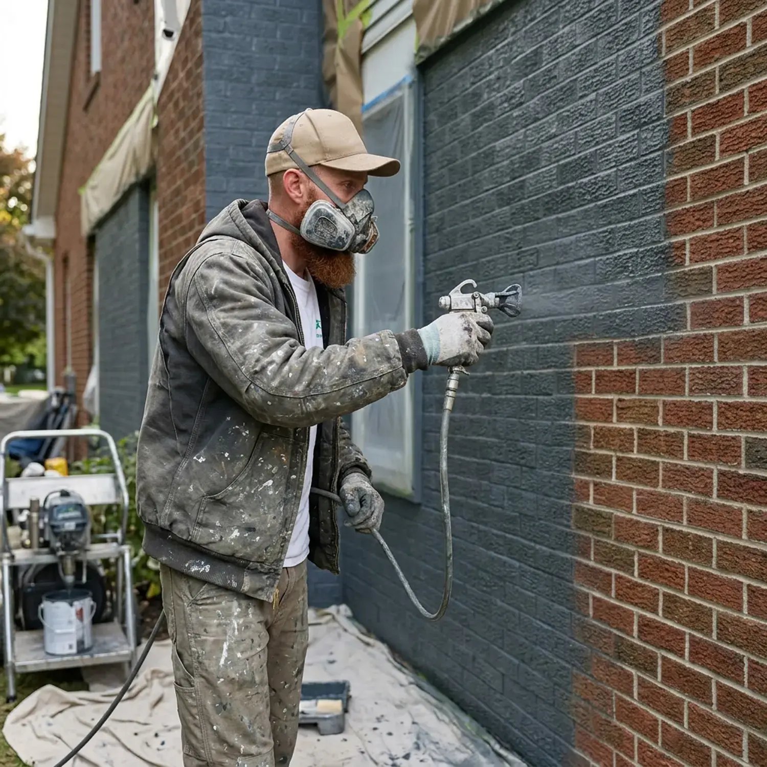 Painter spray-applying gray masonry coating to a brick exterior wall with an airless sprayer