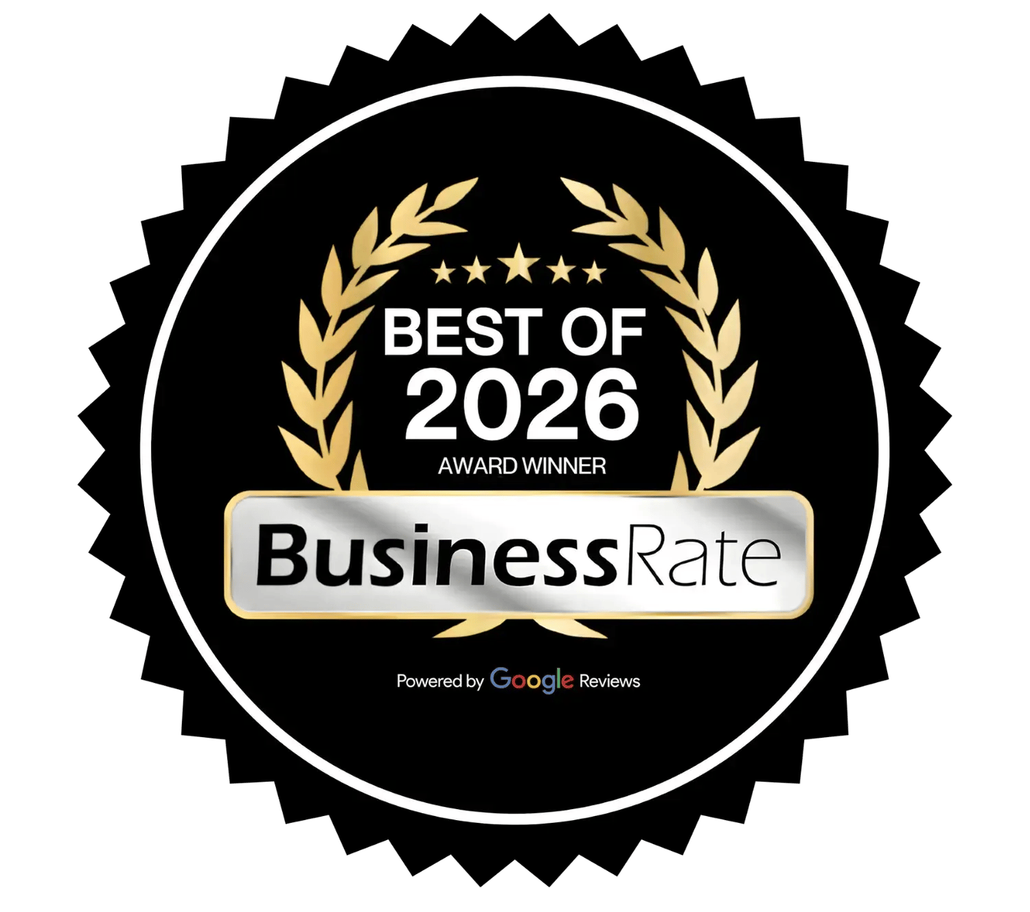 BusinessRate Best of 2026 Award Winner badge, powered by Google Reviews