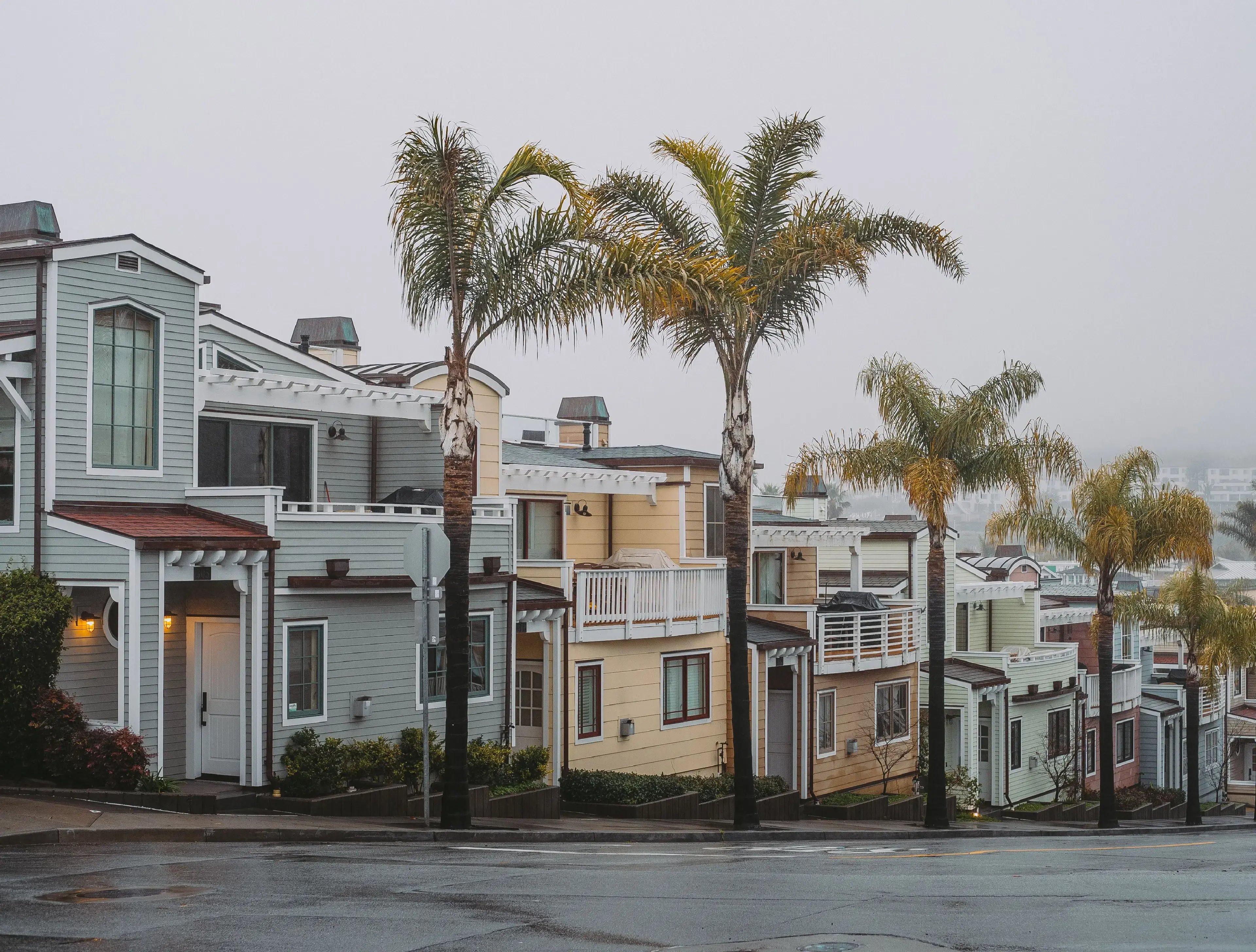 Row of two-story coastal California homes with wood siding and palm trees along a residential street