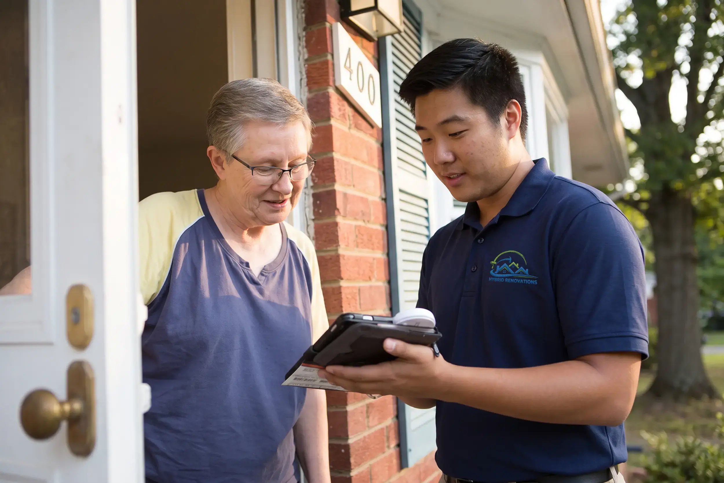 Hybrid Renovations team member showing a tablet to a homeowner at her front door during a daytime visit