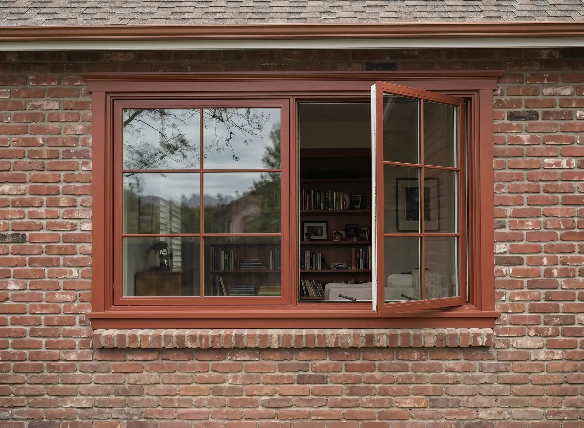 Open casement window with grids after replacement on a red brick home — Hybrid Renovations remodeling contractor
