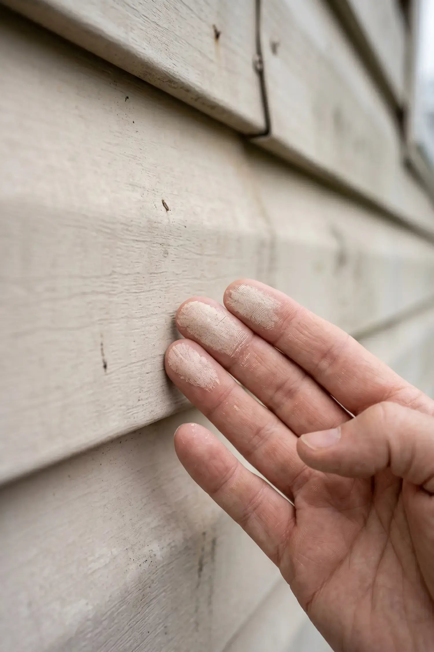 Hand wiping chalky residue off faded, weathered exterior siding before a residential repaint