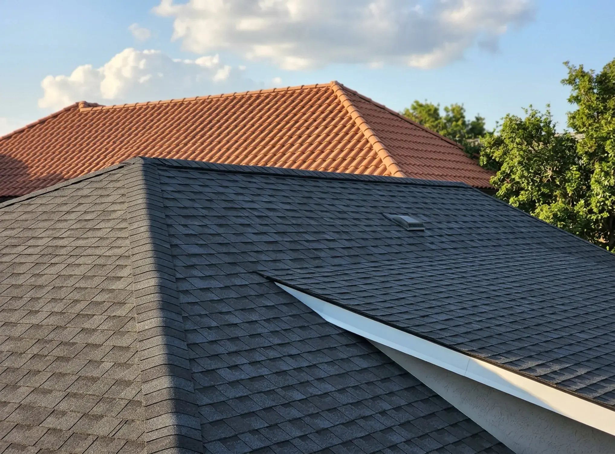 Newly installed charcoal asphalt shingle roof beside a clay tile roof after residential roof replacement — Hybrid Renovations