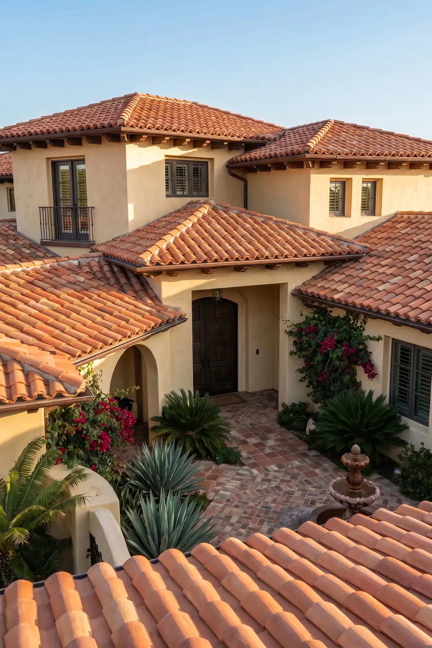 Terracotta clay barrel tile roof on a two-story Spanish-style home with a tiled courtyard and fountain