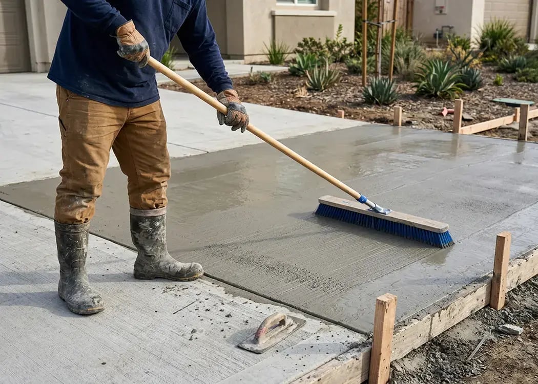 Worker broom-finishing a fresh concrete driveway slab inside wood forms, Hybrid Renovations concrete contractor