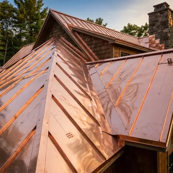 Close-up of a copper standing seam metal roof with ridge and valley detail on a residential home
