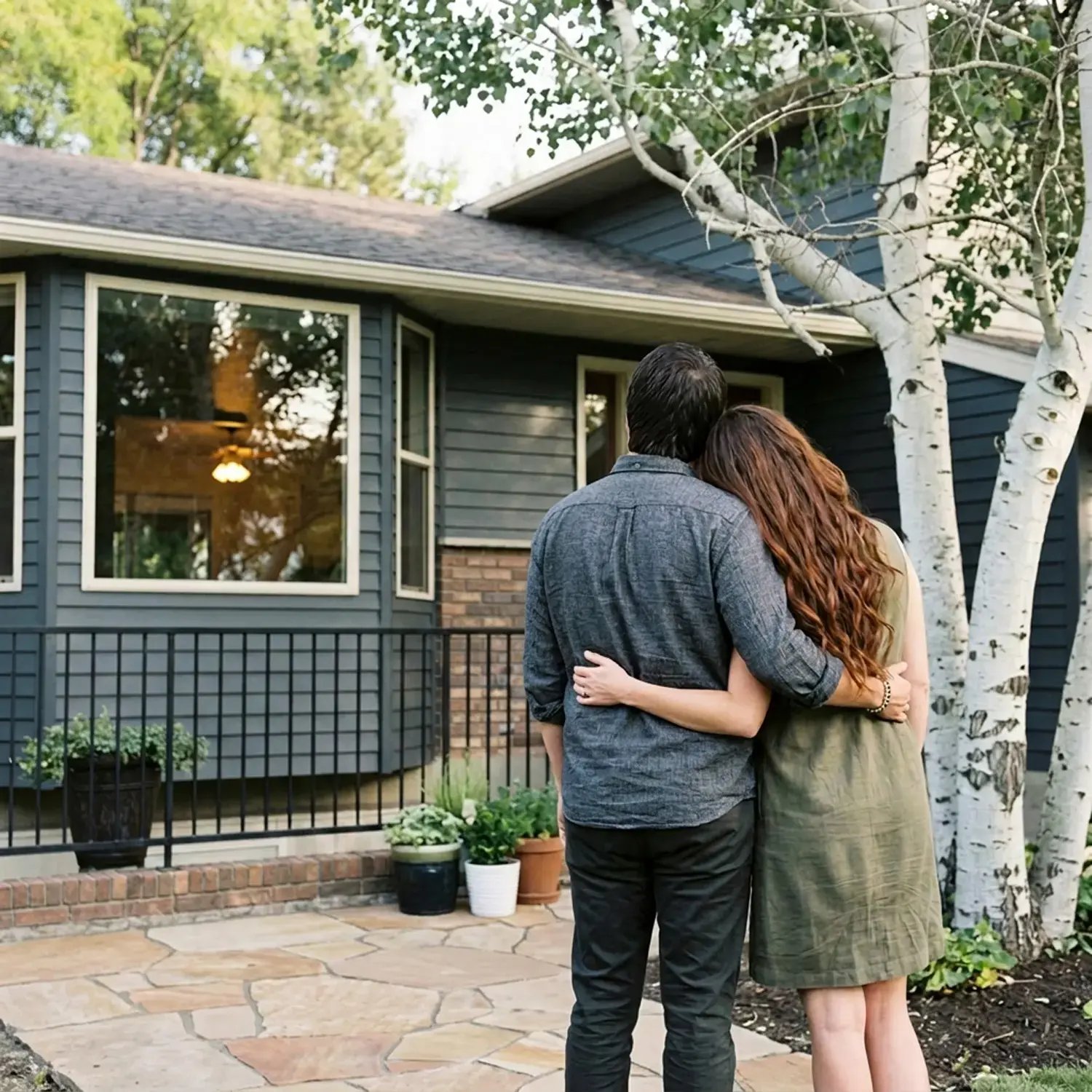 Couple with arms around each other admiring their renovated home with blue siding and a flagstone walkway