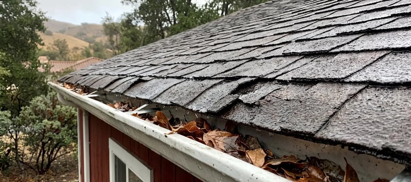 Curling, lifted shingle edges on a wet asphalt roof with leaves collected in the gutter below