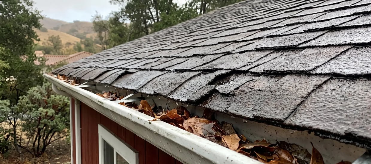 Curling, lifted shingle edges on a wet asphalt roof with leaves collected in the gutter below