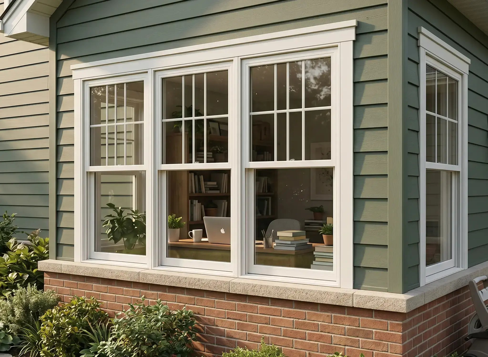 Three white grid-top double-hung windows after installation on a green lap-siding home with a brick base