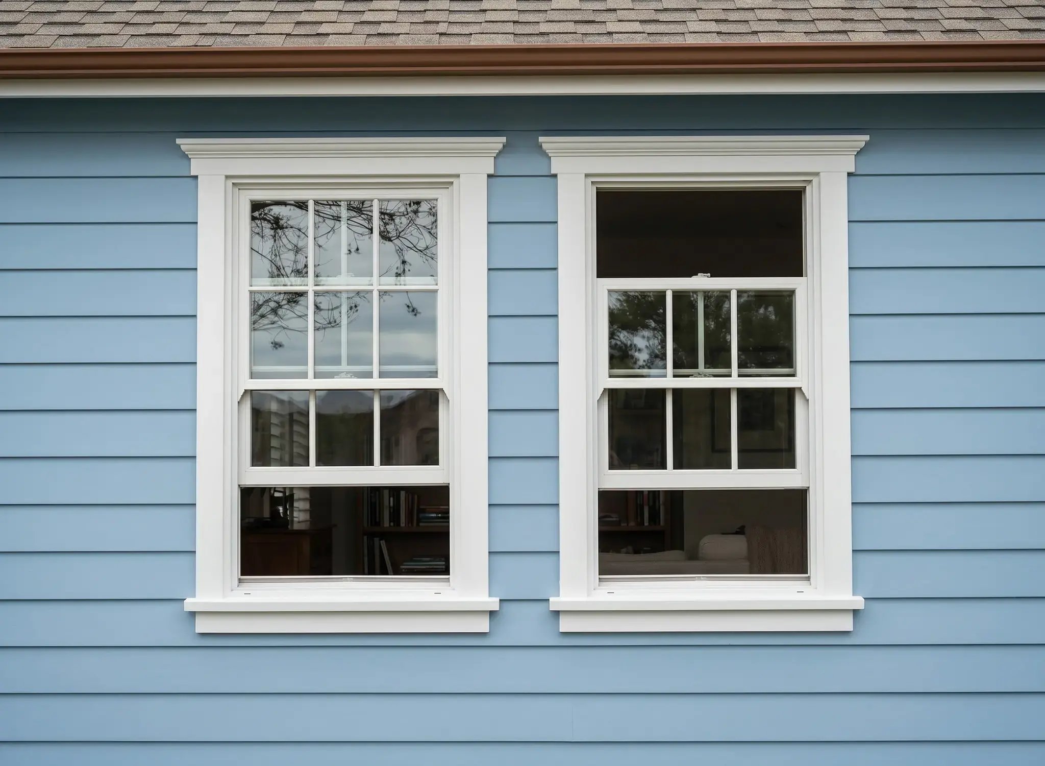 White double-hung windows after replacement on a blue lap-siding single-family home — Hybrid Renovations