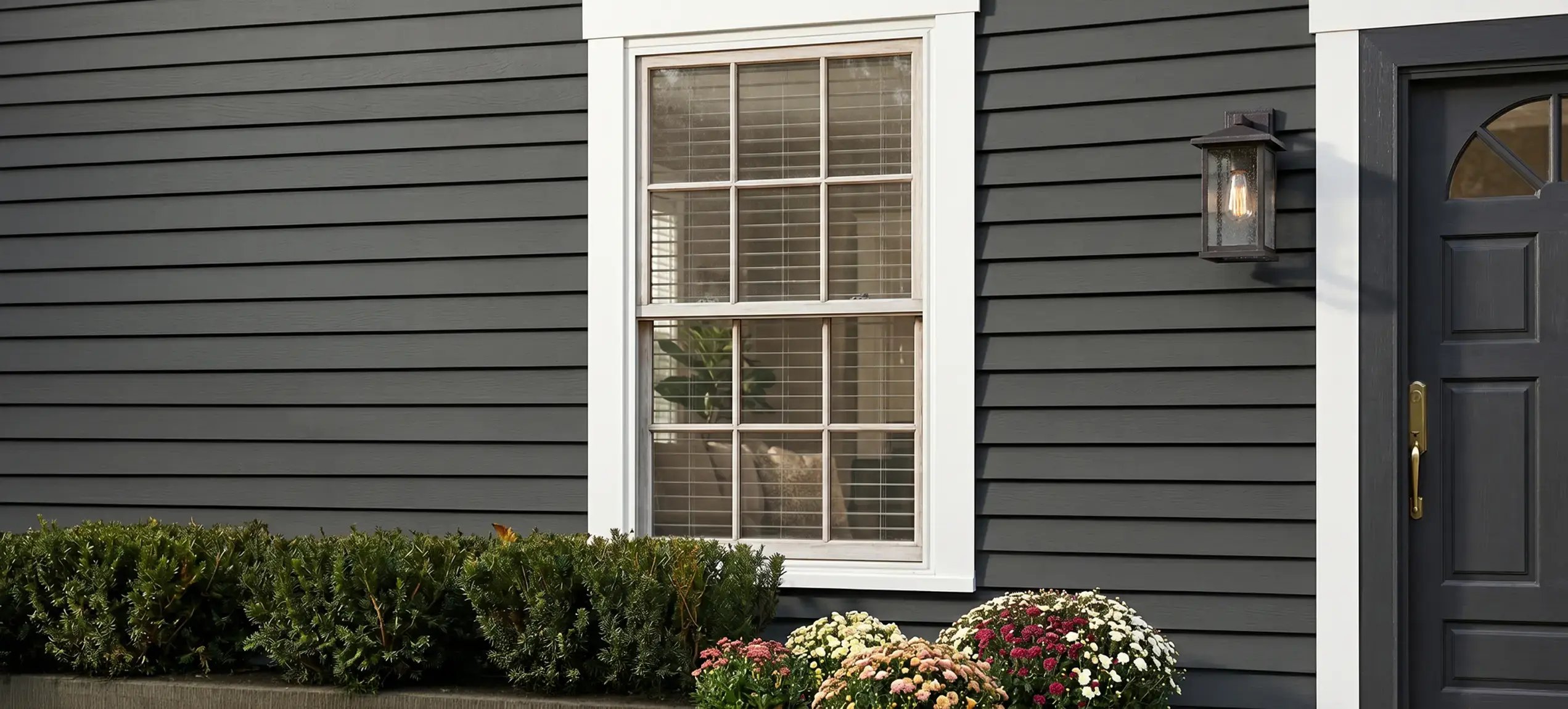 Crisp dark gray lap siding and clean white window trim after a fresh residential exterior repaint