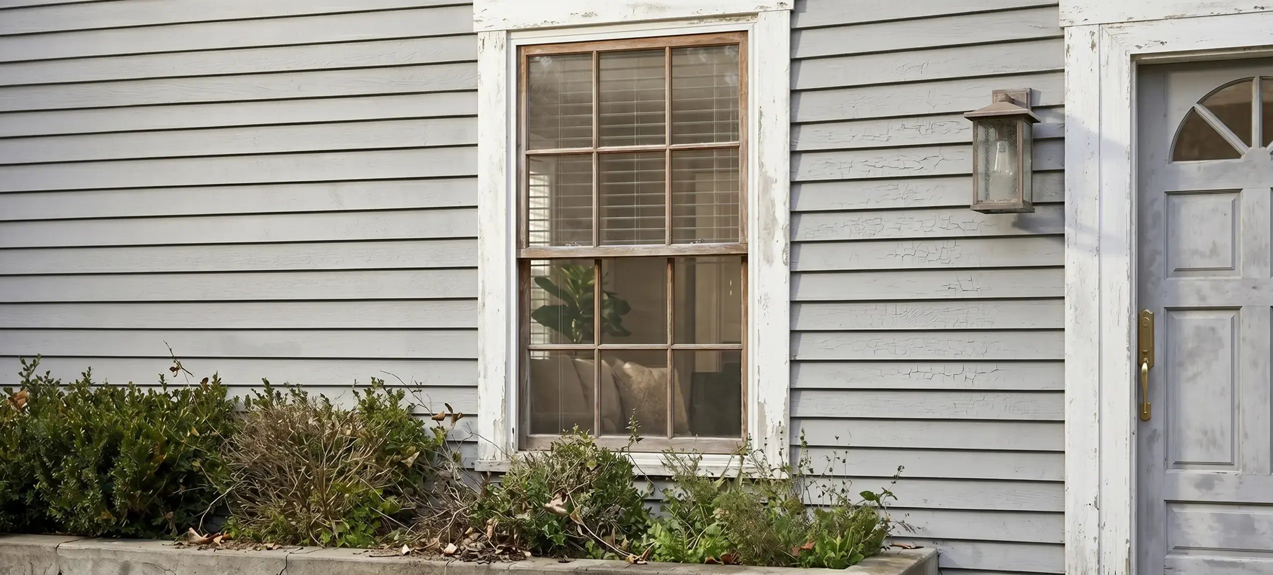 Sun-faded, chalky lap siding with cracking paint and weathered trim before a residential exterior repaint