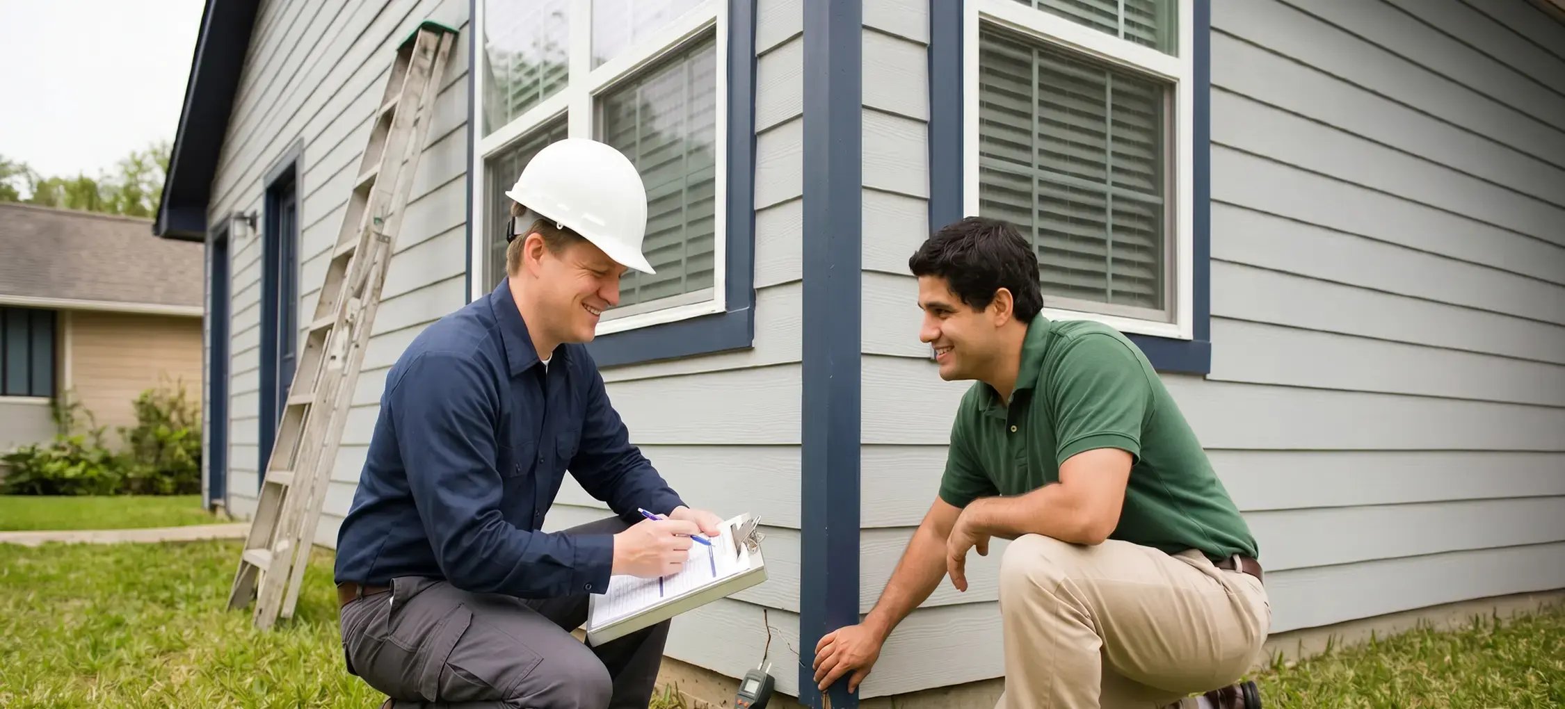 Hybrid Renovations inspector and a homeowner crouch to examine exterior siding during a free exterior painting inspection