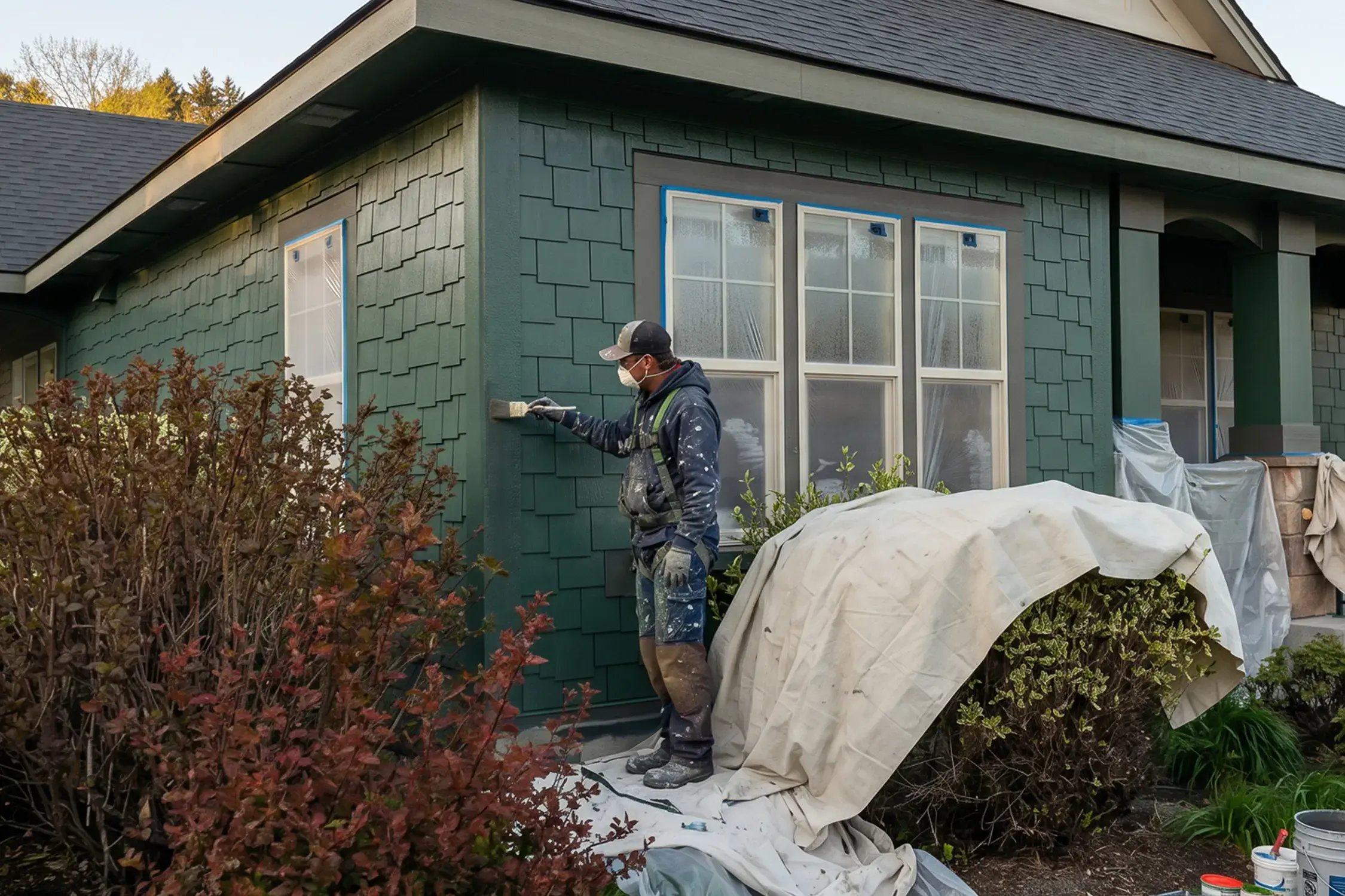 Painter coating green shingle siding next to masked windows during a residential exterior repaint — Hybrid Renovations