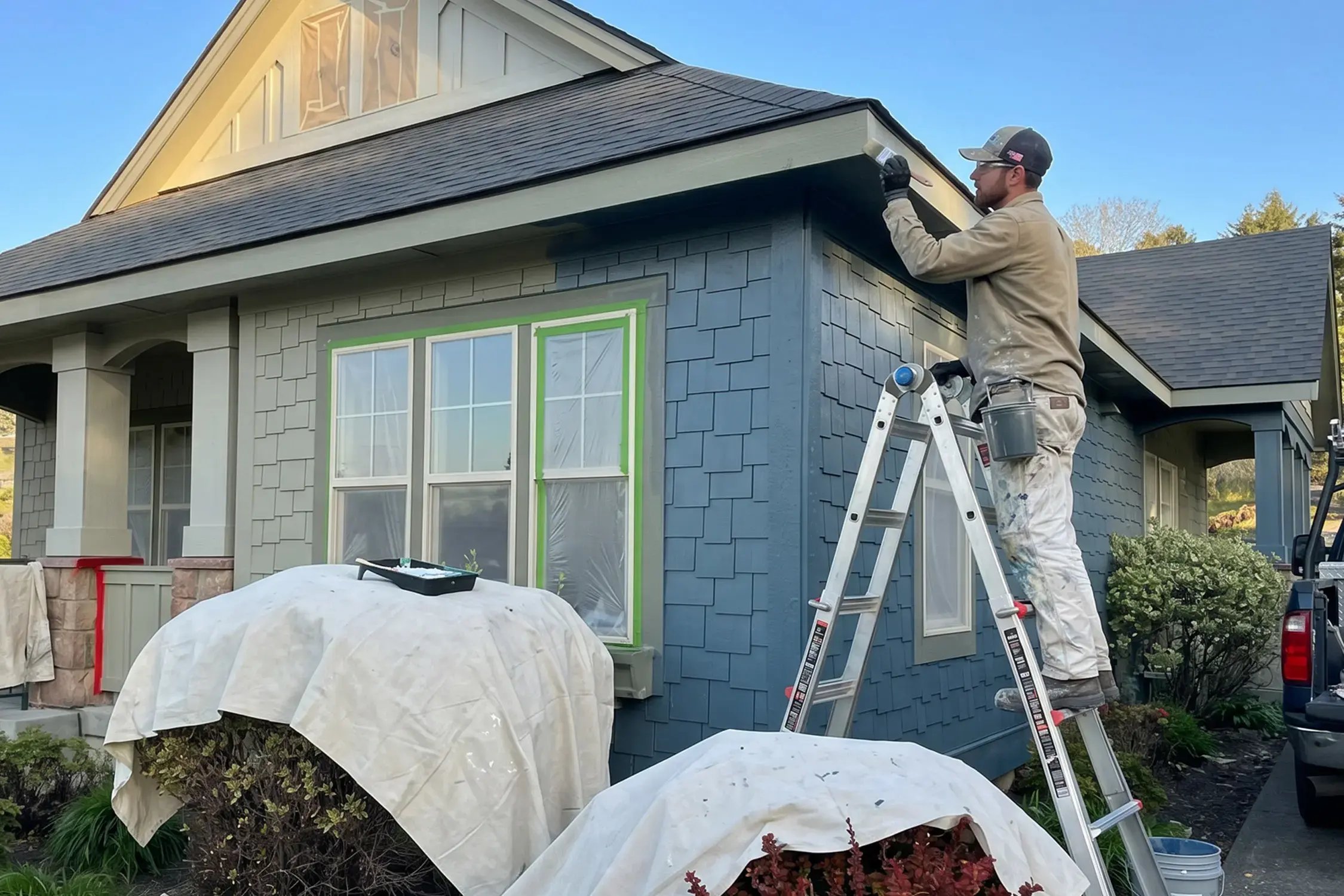 Painter on a ladder cutting in eave trim on a blue shingle-sided home with masked windows during an exterior repaint