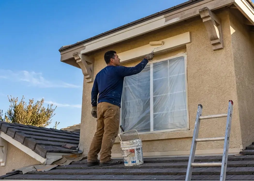 Painter rolling fresh coating onto exterior stucco and fascia above a masked window during an exterior repaint