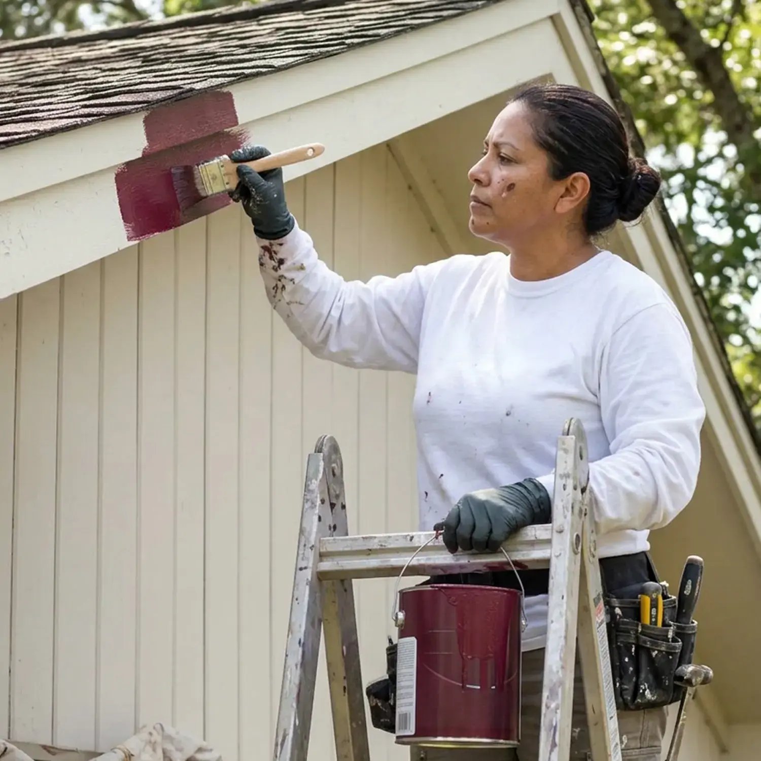 Painter on a ladder brushing dark red paint onto a home's gable trim and fascia edge
