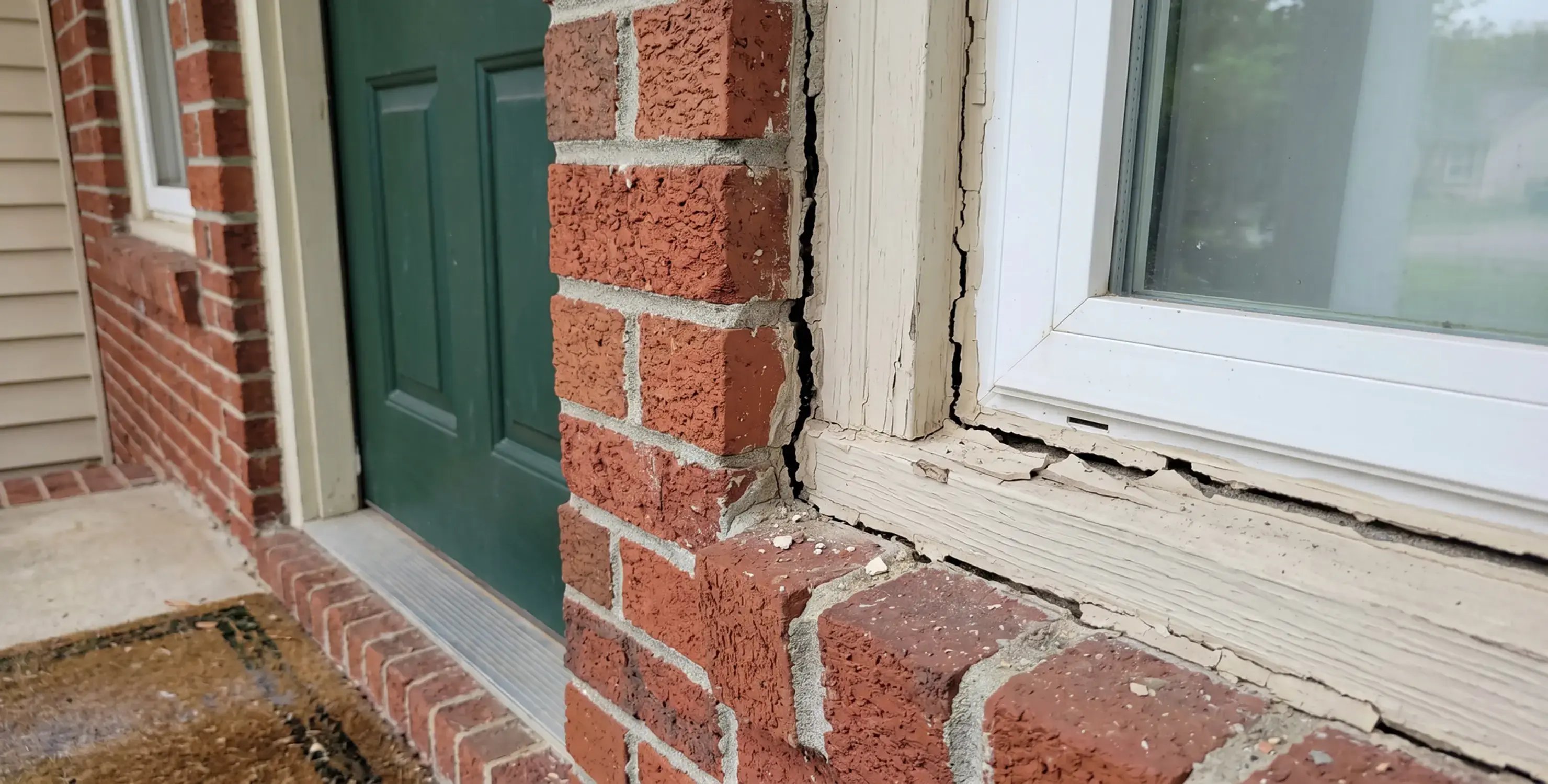 Cracked, separated caulk and peeling paint pulling away around a brick-framed exterior window and trim