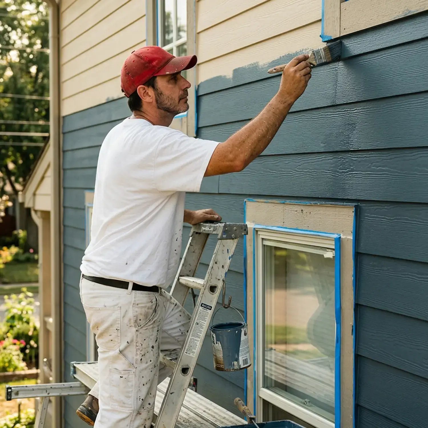 Painter brushing blue-gray paint onto fiber cement lap siding beside a taped-off window