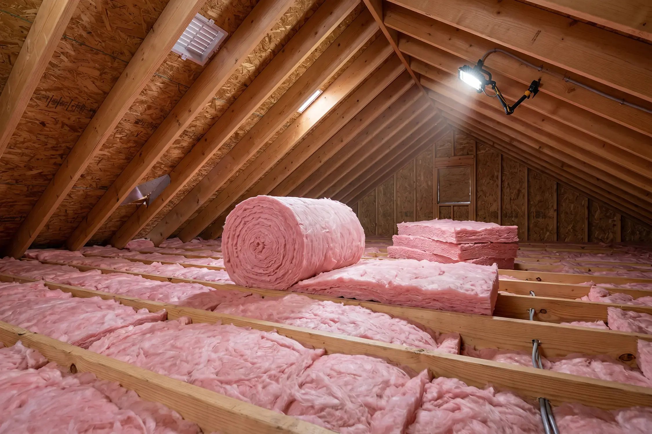 Fiberglass batt and roll attic insulation installed between ceiling joists in a residential attic.