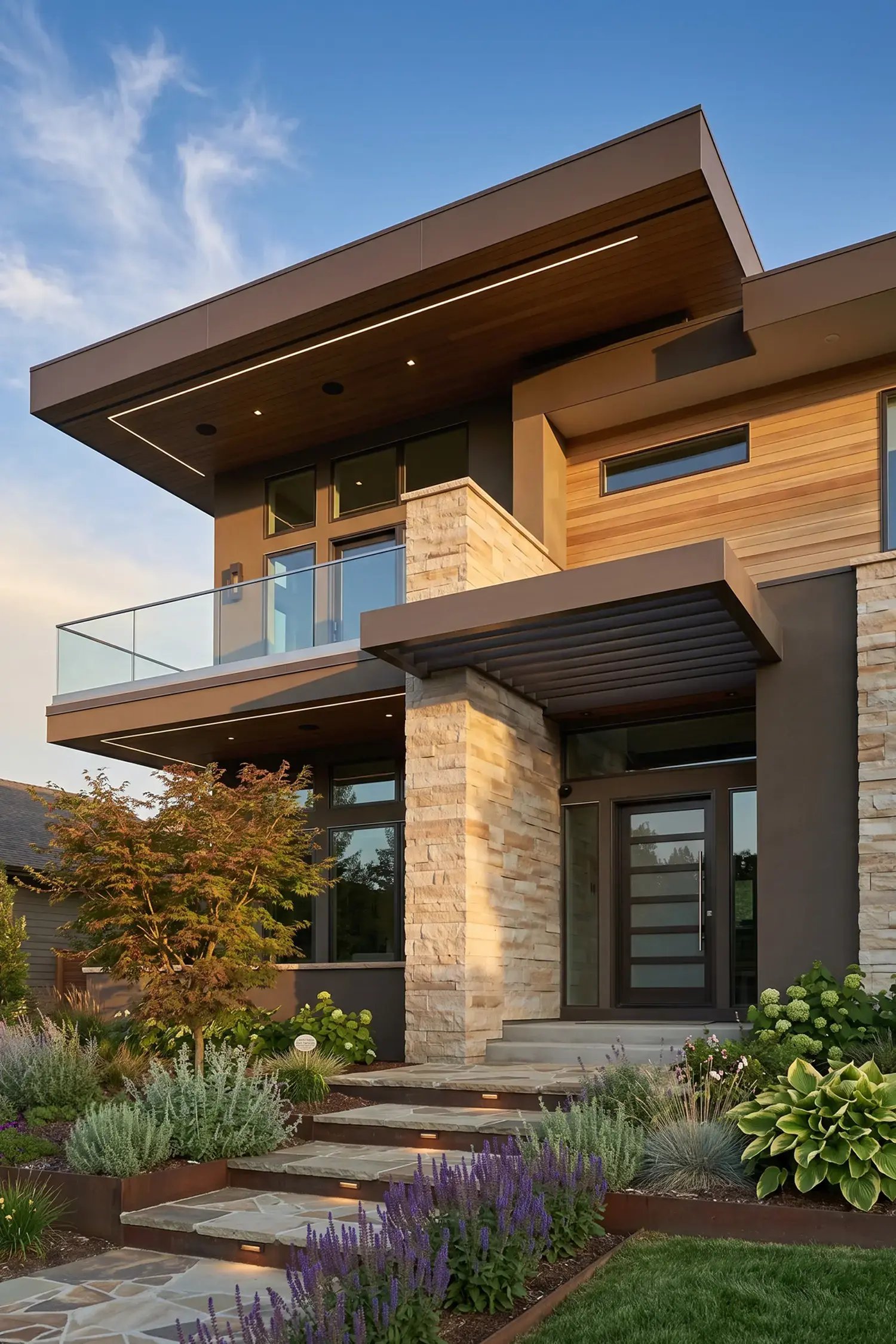 Flat low-slope roof on a modern two-story home with wood, stone, and a glass-railed balcony — Hybrid Renovations