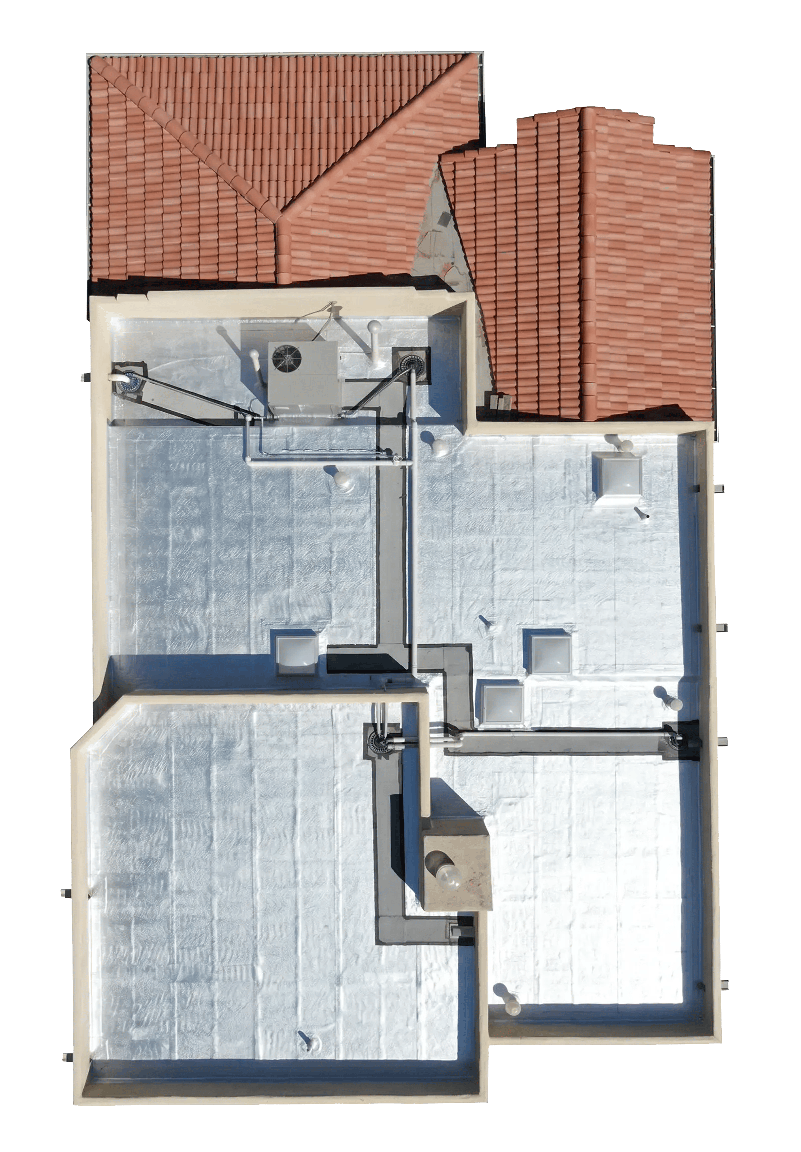 Aerial view of a residential flat roof with a white cool-roof membrane and roof drain in Los Angeles